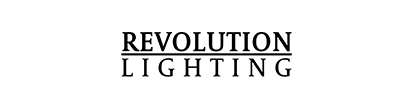 A black and white logo for revolution lighting on a white background.