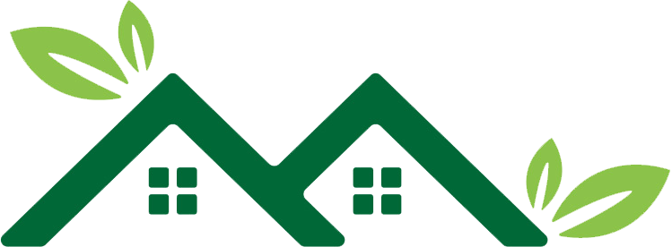 Green logo with house-shaped roofs, windows, and leaves, suggesting eco-friendly housing.