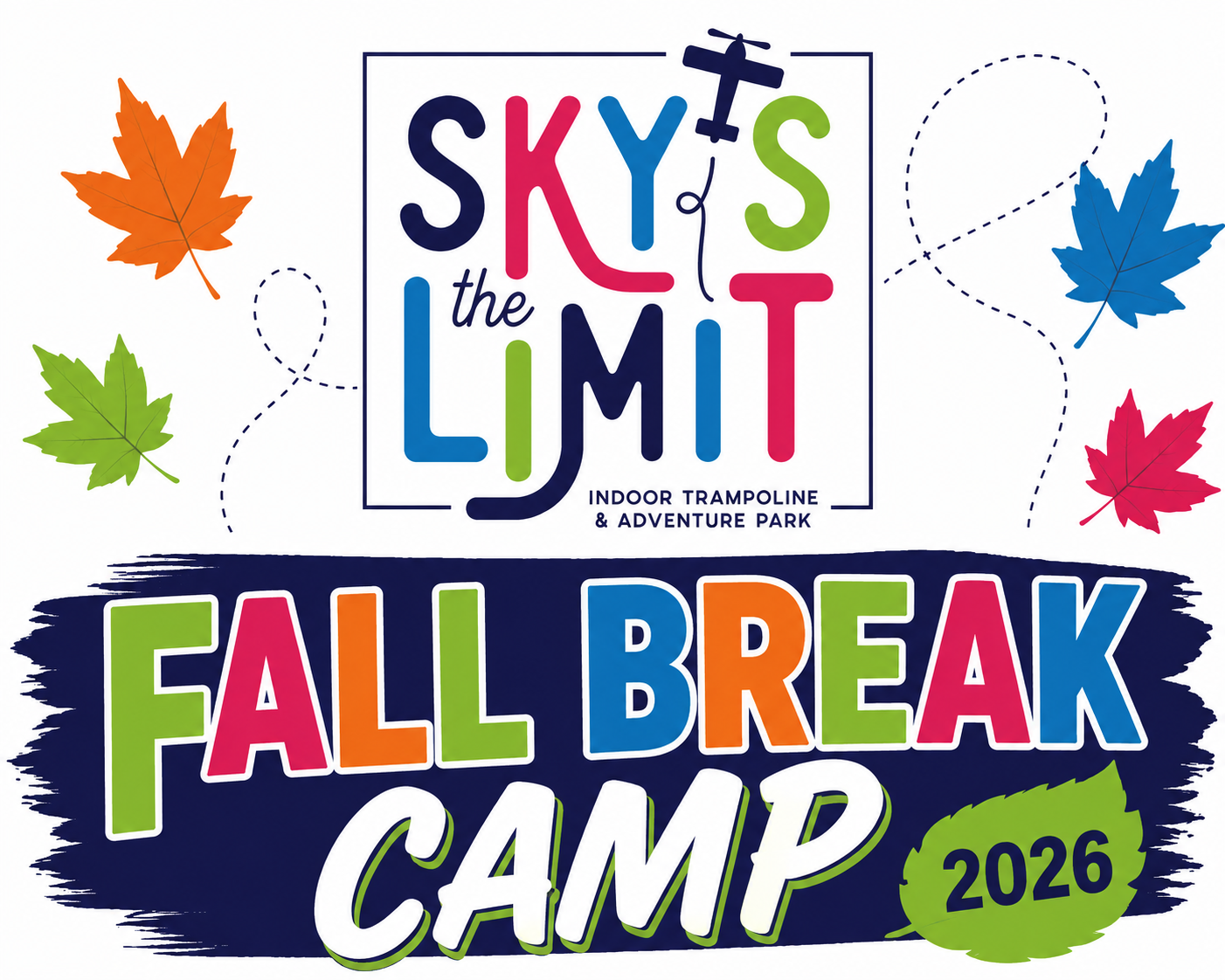 Colorful Sky’s the Limit indoor trampoline park logo with sun, beach balls, and palm leaves
