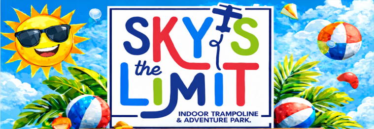 Colorful Sky’s the Limit indoor trampoline park logo with sun, beach balls, and palm leaves