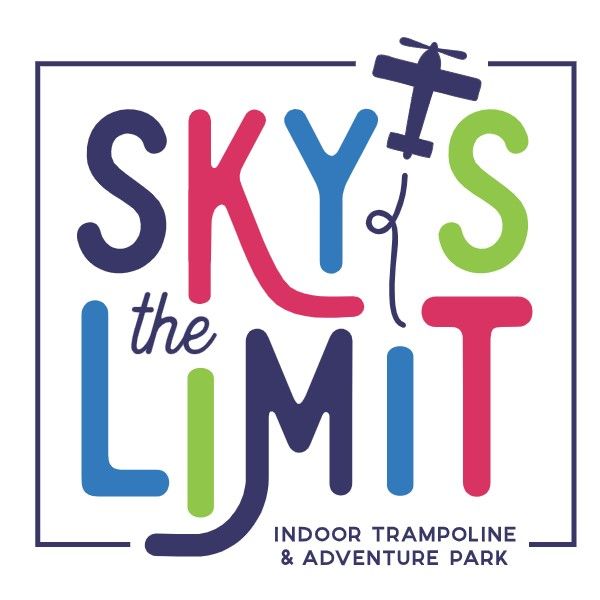 Sky's the Limit logo: Colorful text with a stylized airplane, promoting an indoor trampoline and adventure park.