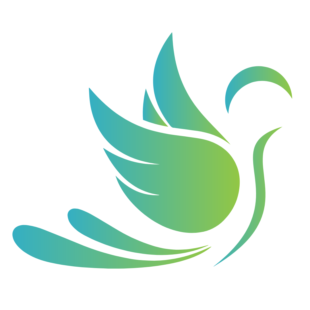 Stylized bird logo with a gradient transitioning from teal to green, featuring abstract wing and tail shapes.