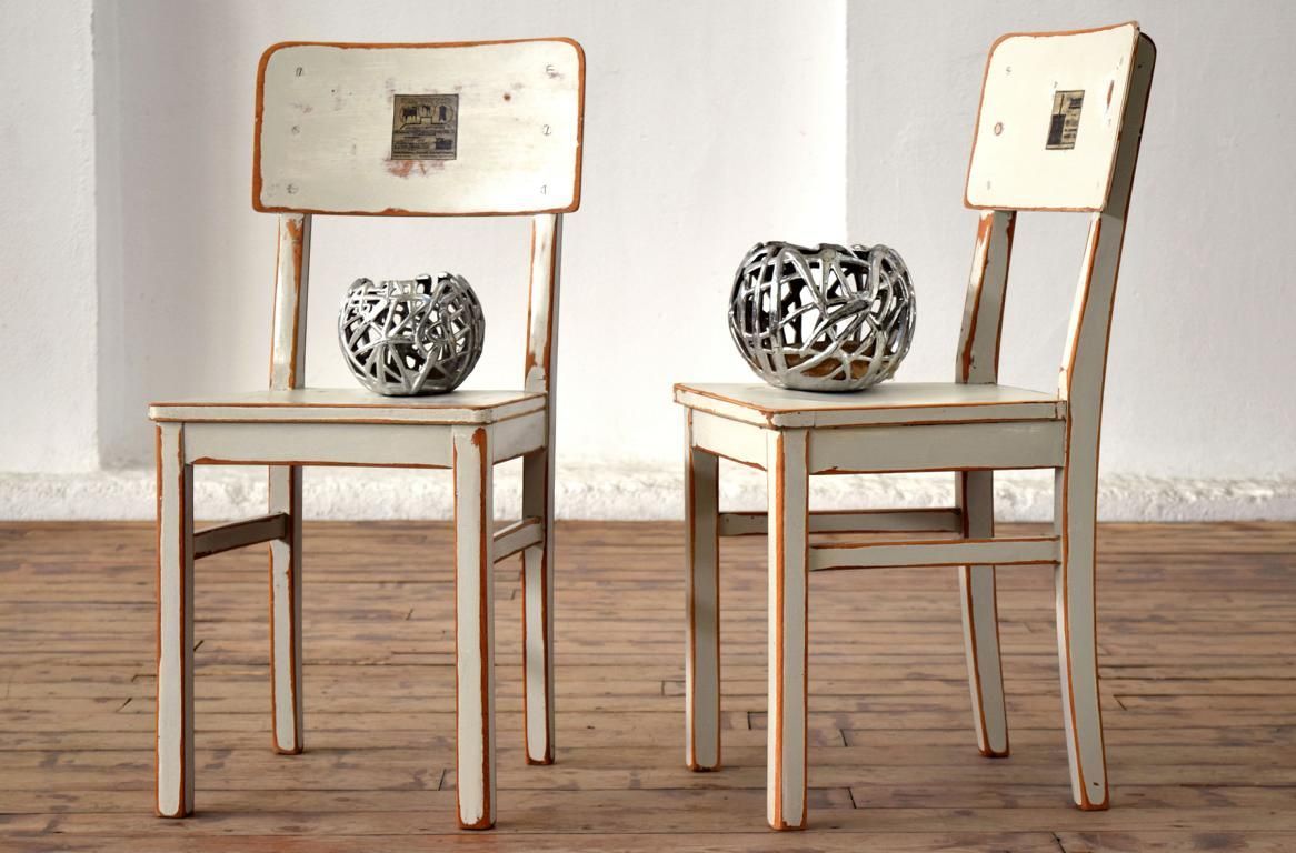 Set 2x Stuhl Shabby Grau-Weiß Antik Alt Vintage Massivholz Landhaus Mid Century 50er