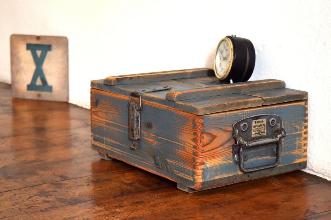 Kiste mit Deckel Blau Antik Holz Alt Vintage Shabby Truhe Werkstattkiste Loft Design