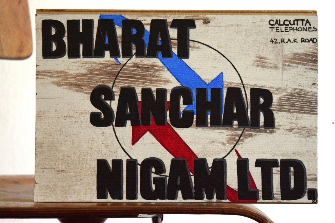 Schild handgemalt Calcutta B.S.N.L. Telephones Kalkutta Indien 19 x 29cm Vintage