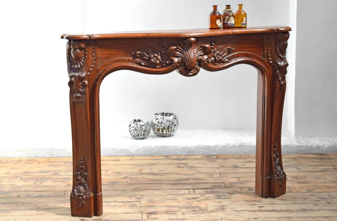 Antike Kaminumrandung Teak Massiv Holz Schellack Kaminkonsole Vintage Handgeschnitzt