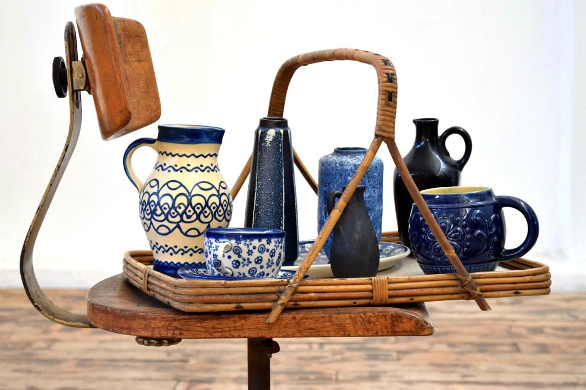 Set: Tablett mit 8 Vasen Geschirr Blau Antik Rustikal Alt Landhaus Vintage Rattan
