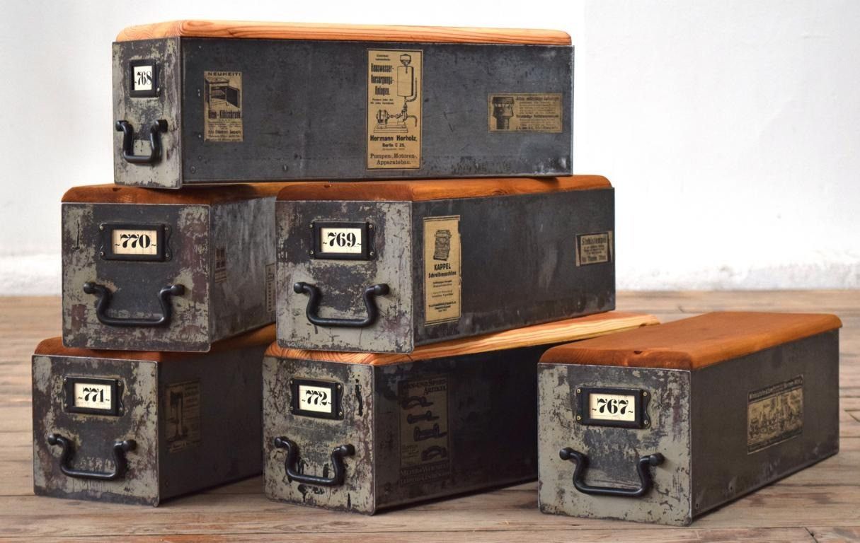 Set 6x Kiste mit Deckel Holz Antik Apotheker Vintage Kasten Alt Loft Metall Fabrik