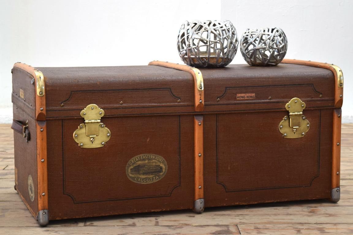 Truhe Kiste mit Deckel Antik Groß Alt Überseekoffer Vintage Braun Loft Groß Shabby