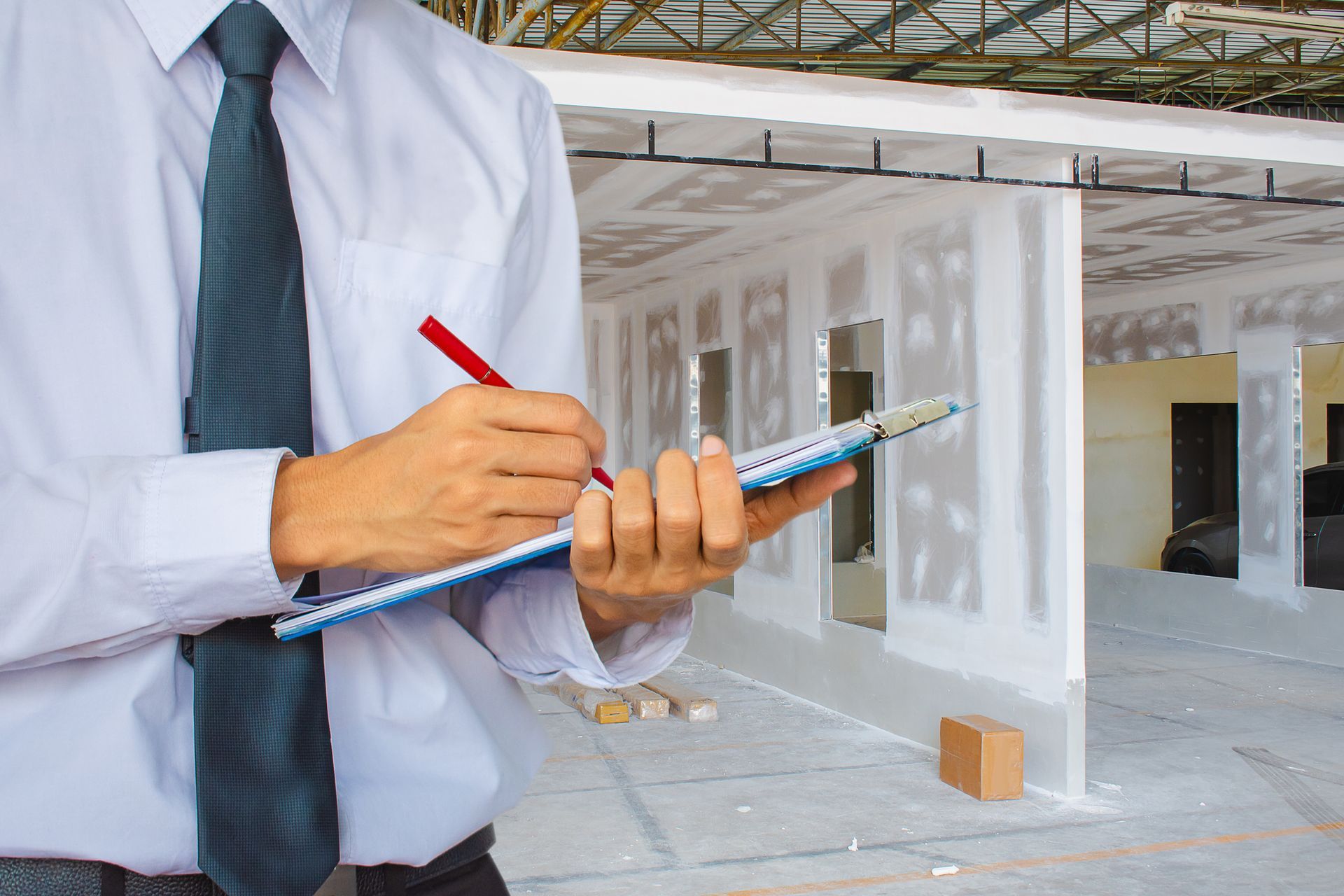 Foundation inspection represented by a male engineer reviewing notes in industrial background.