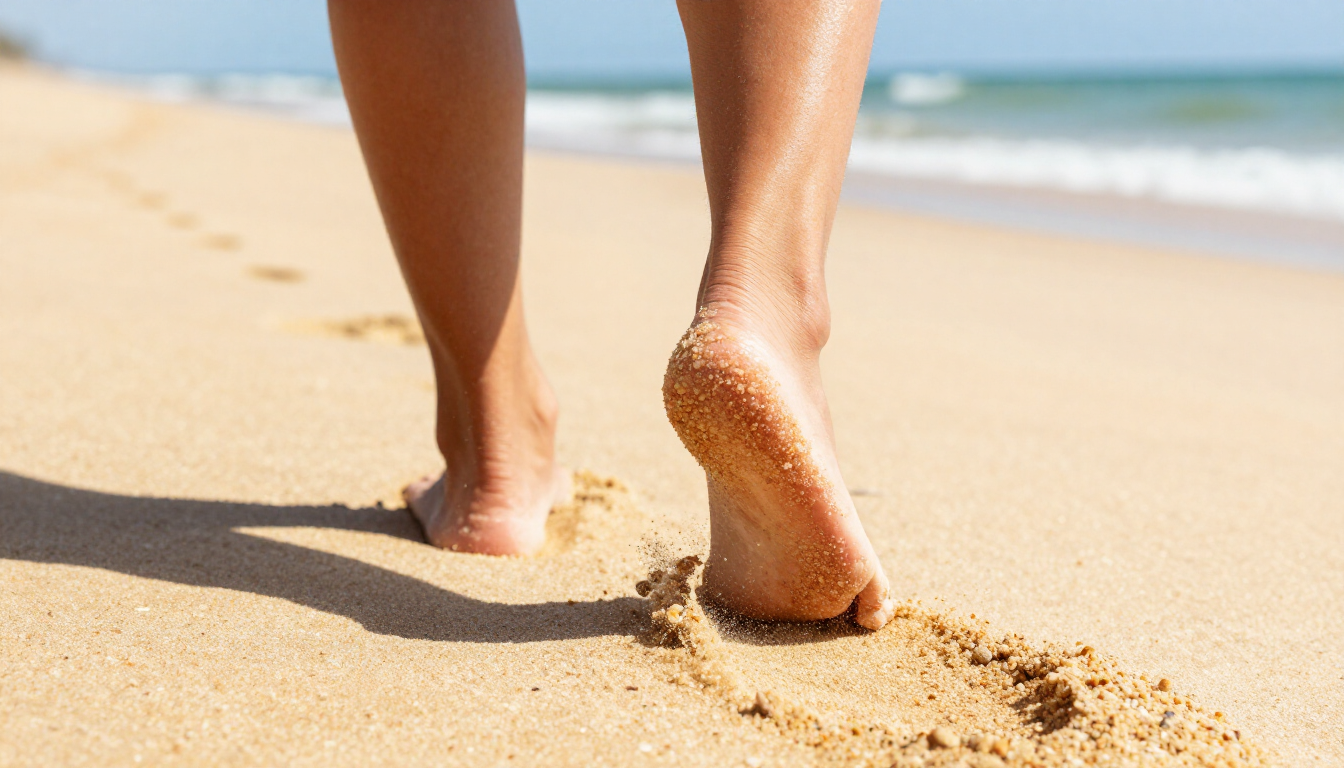 A person walking on a sunny beach representing summer foot care tips.