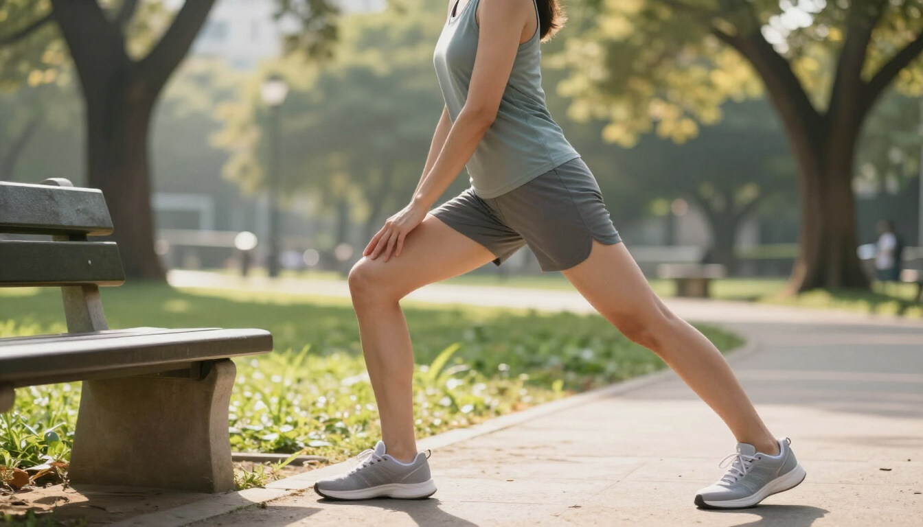 Runner performing a gentle foot and calf stretch in a park