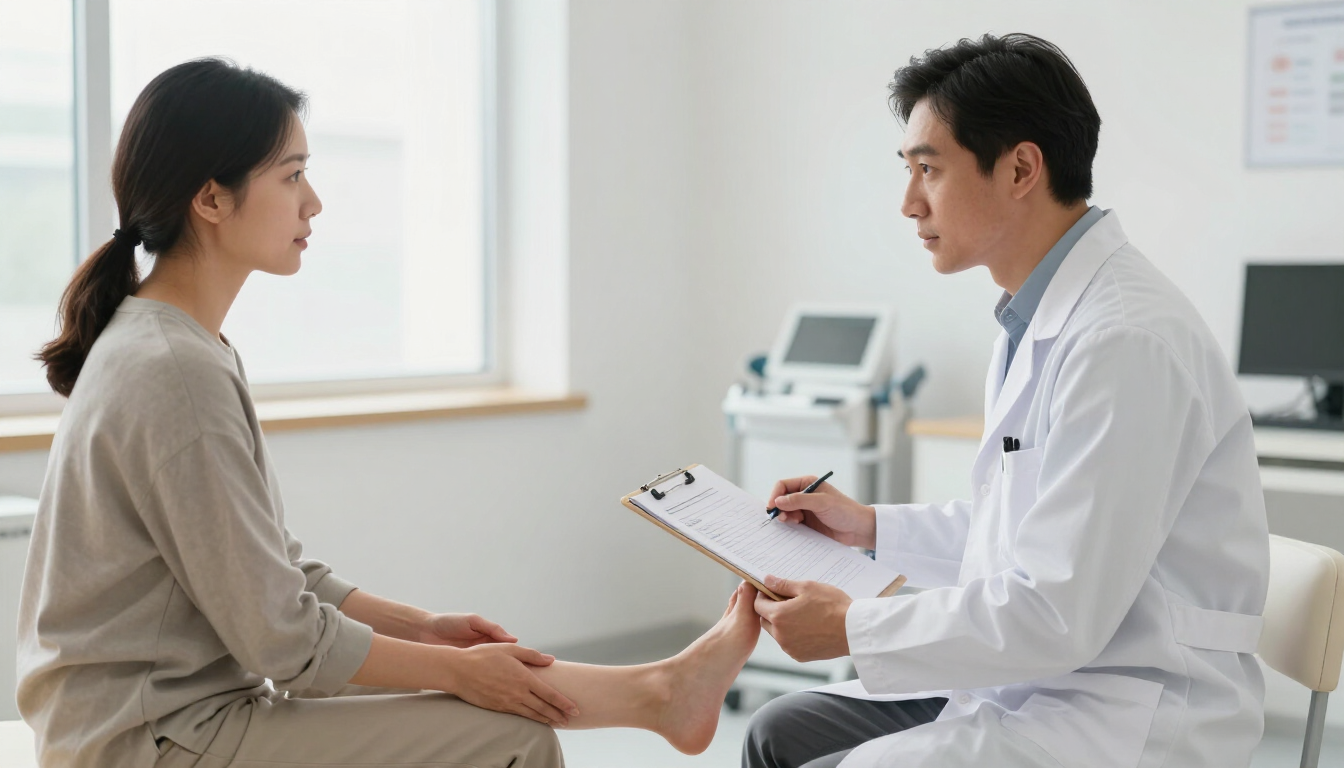 Podiatrist discussing foot mobility with a patient in a bright clinic