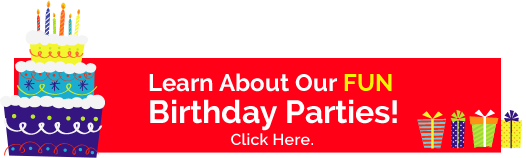 Click for information about Birthday Parties with Playball. A red banner with a birthday cake and candles on it, with text that says