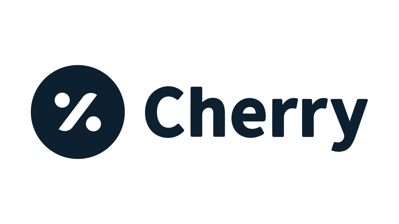 Cherry logo: dark blue circle with white percentage symbol, dark blue text 