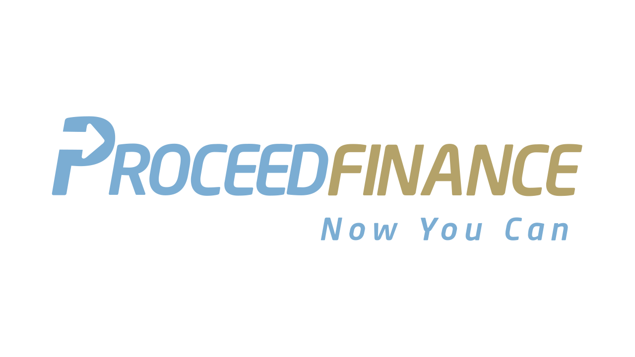 Proceed Finance logo with blue arrow and text on a white background: 