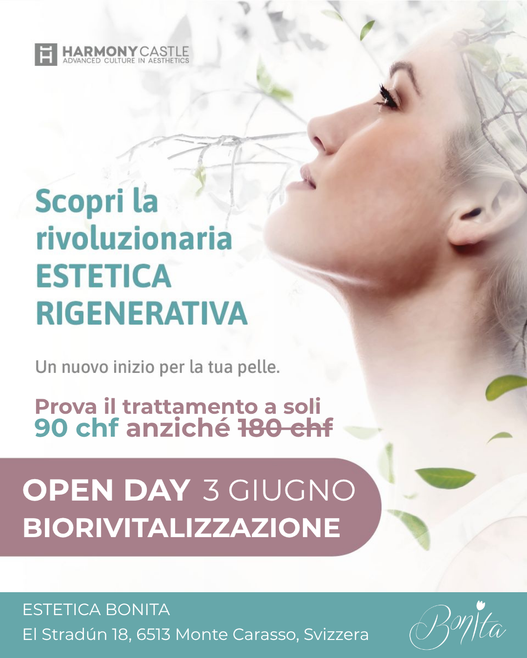 Pubblicità estetica rigenerativa: volto femminile, “Open Day  3 giugno”, sconto 90 CHF anziché 180 CHF