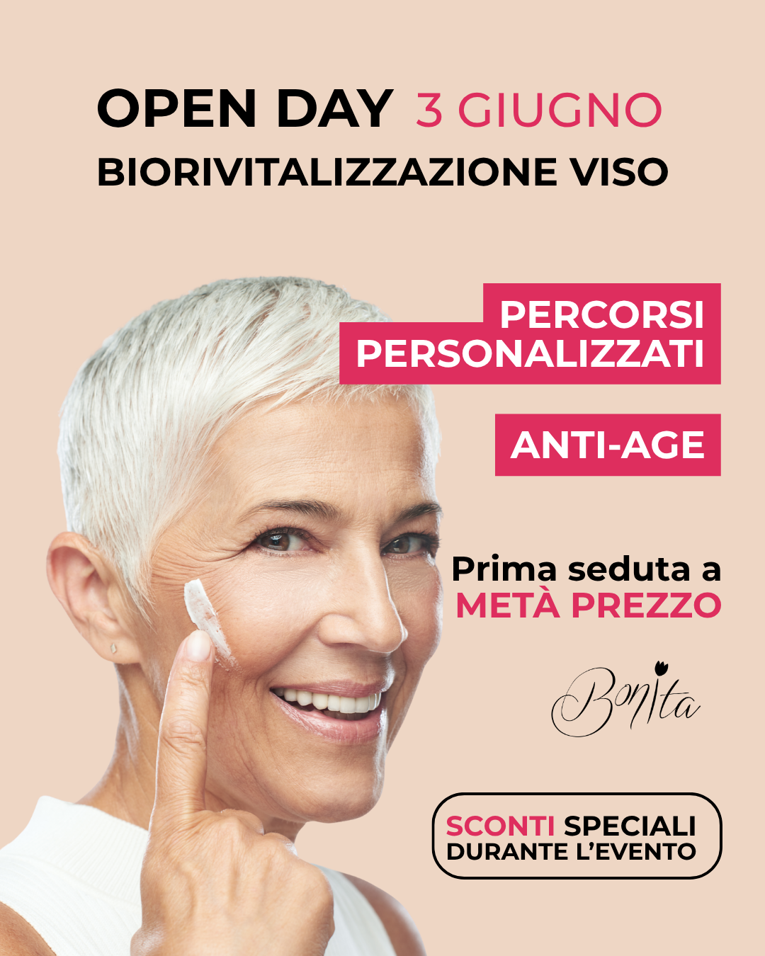 Promozione Open Day per biovitalizzazione viso con sconti speciali e percorsi personalizzati su sfondo rosa.