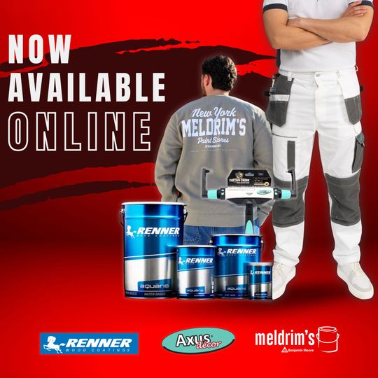 Promotional graphic showing Renner paint cans, a paint tool, and workwear against a red background with text: Now Available.