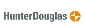 A logo for hunter douglas is shown on a white background