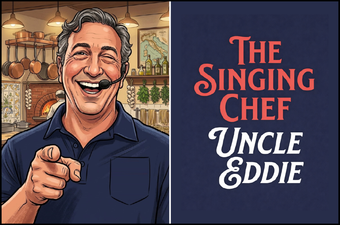 An animated figure wearing a headset and a dark blue shirt points forward with a wide, joyful smile.