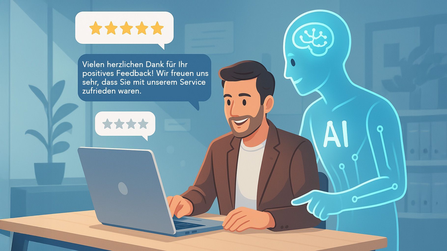 Geschäftsmann arbeitet am Laptop und erhält Unterstützung von einer KI-Figur beim Beantworten von On
