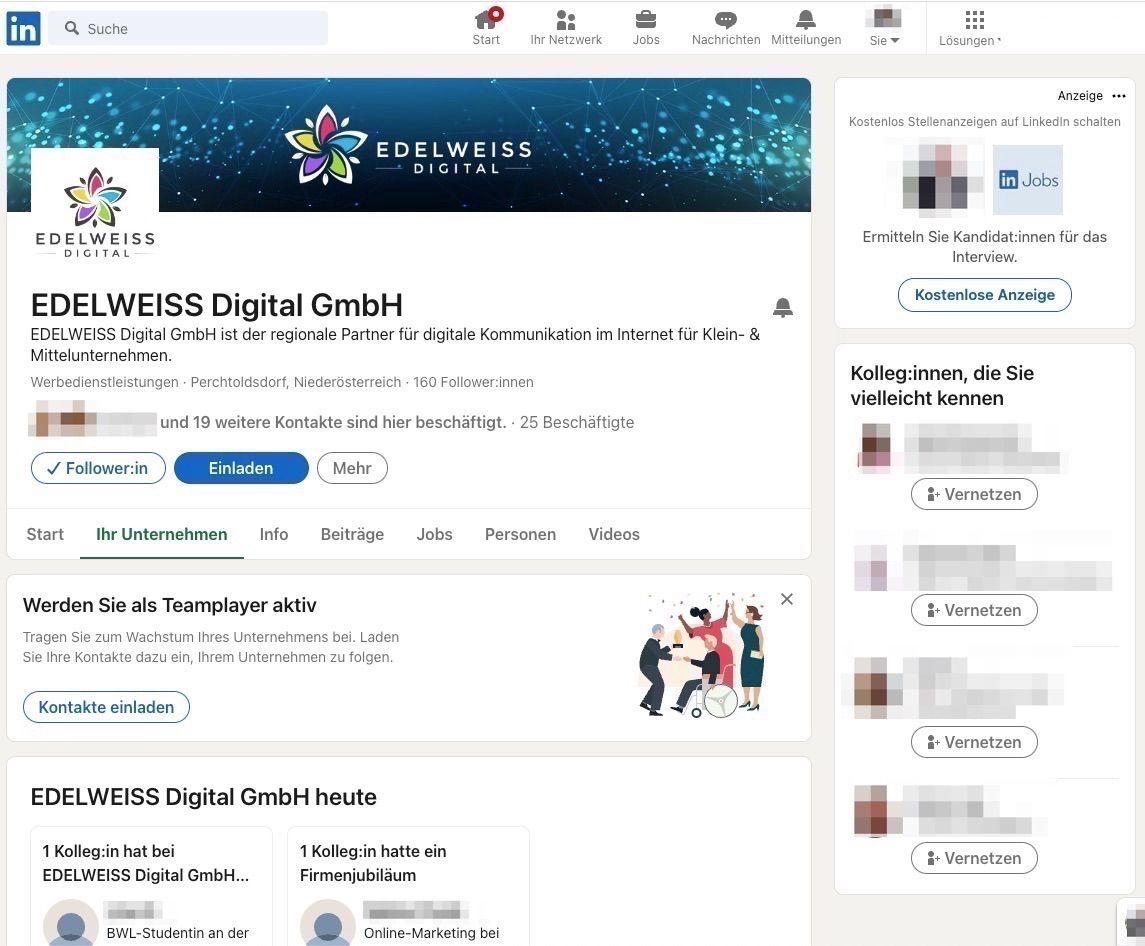 Die LinkedIn Unternehmensseite von EDELWEISS Digital