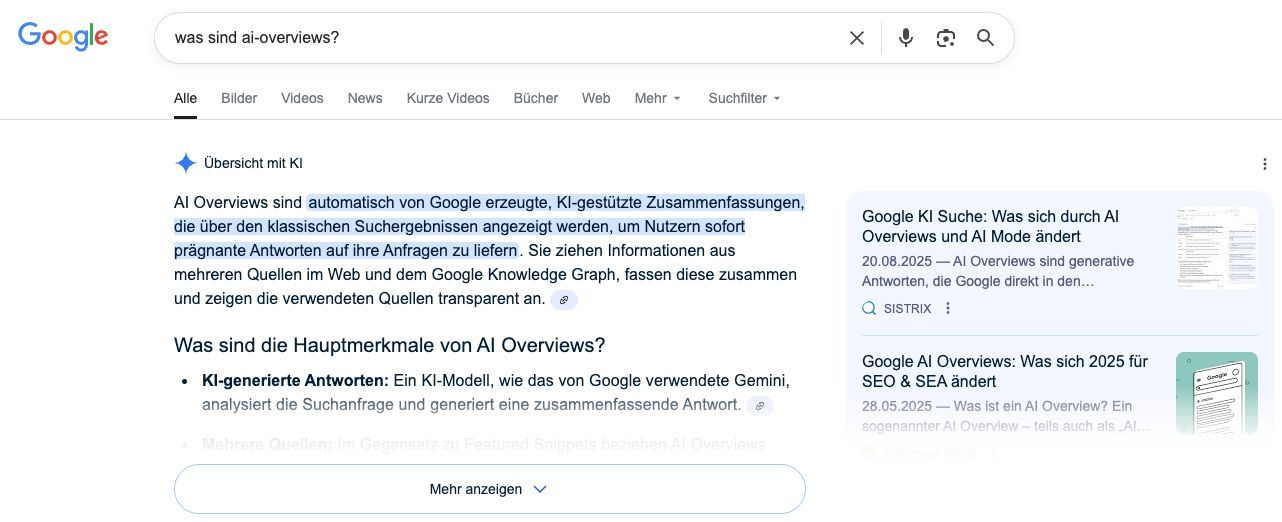 Screenshot einer Google Suchergebnisseite mit 