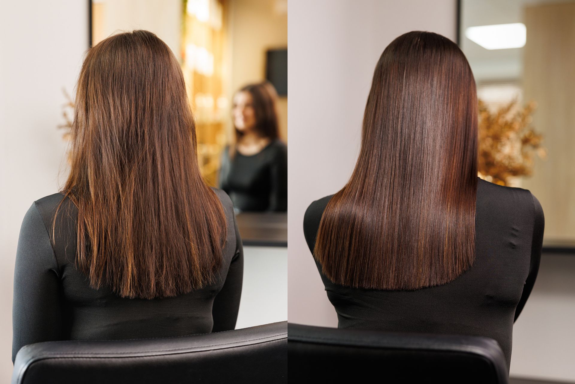 A before and after photo of a woman 's hair in a salon.