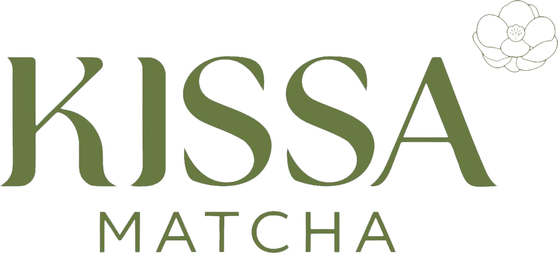 KISSA MATCHA logo in olive green on a white background, with a floral emblem in the top right.