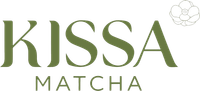 KISSA MATCHA logo in olive green on a white background, with a floral emblem in the top right.