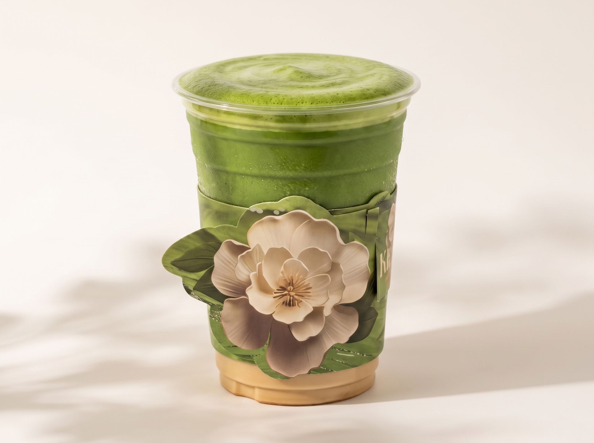 Green smoothie in a clear cup with a beige flower decoration and lid on a light background