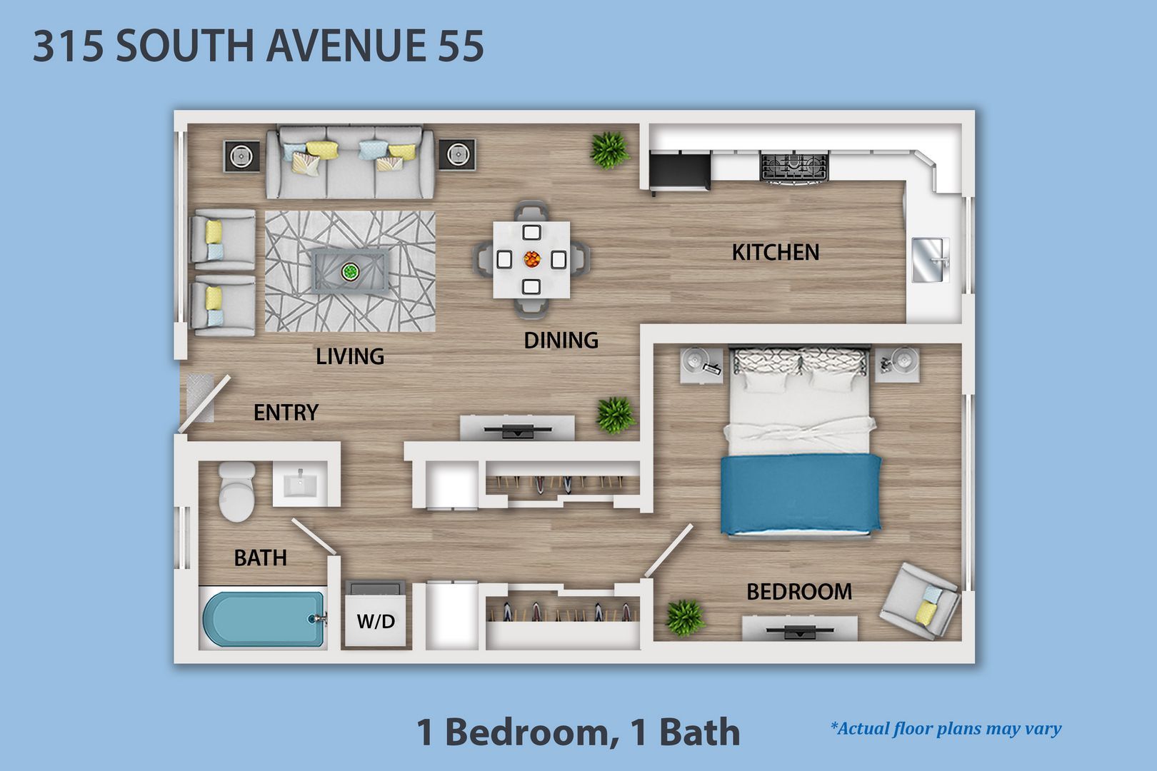 3D floor plan of a small loft apartment with kitchen, dining, living, and bedroom areas
