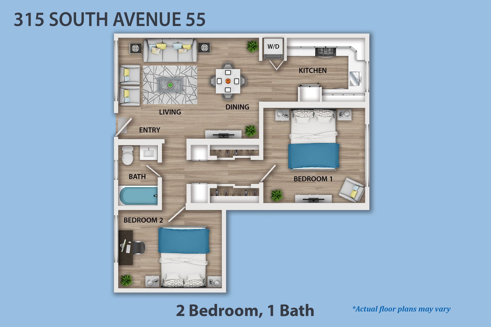 3D floor plan of a small loft apartment with kitchen, dining, living, and bedroom areas