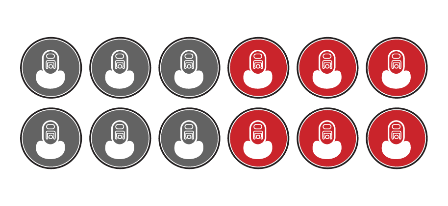 Ten circle icons with a person symbol, five gray and five red, arranged in two rows.