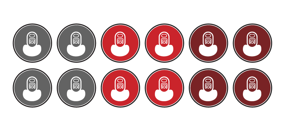 Twelve circular restroom icons in gray, red, and maroon, arranged in two rows.