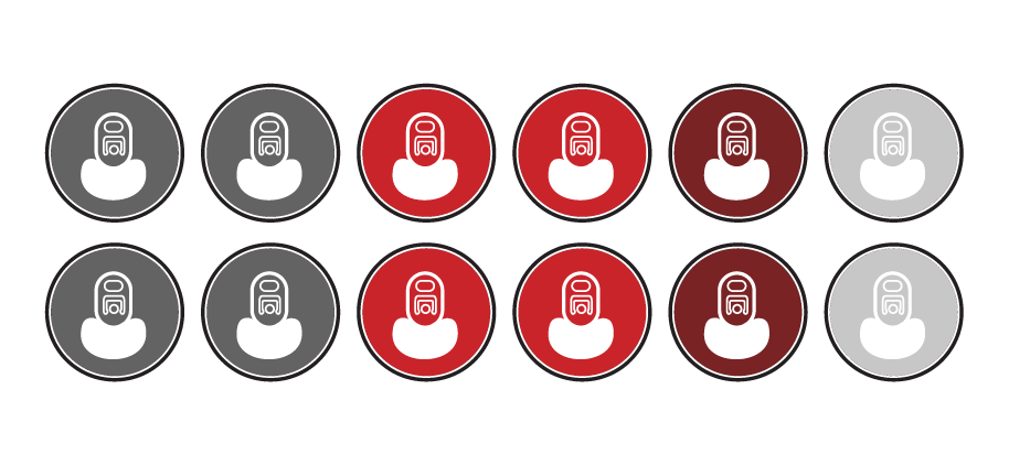 Two rows of six circular icons in gray, red, maroon, and white, each with a small seated figure inside. Olympian Co Packing fridge pack variety pack.