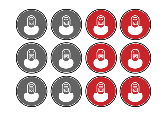 Grid of 12 person icons: six gray on the left, six red on the right. Olympian Co Packing 12 pack variety pack co packer pack pattern option