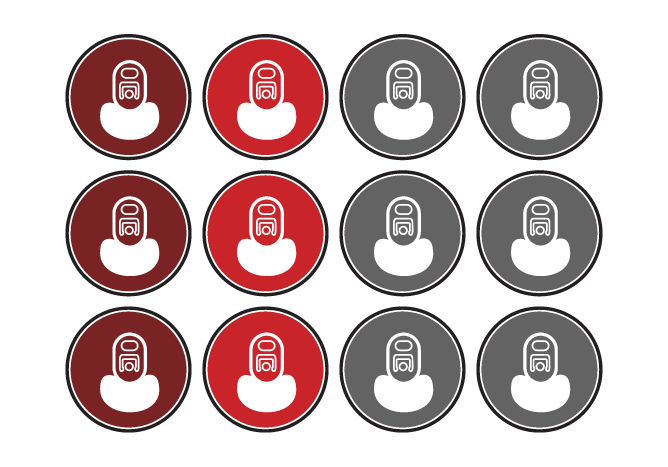 Twelve circular icons in a 3x4 grid, with maroon, red, and gray color variations. 12 pack variety pack by Olympian Co Packing