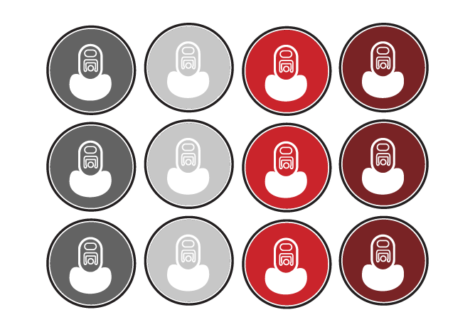 Rows of circular icons in gray, white, red, and maroon, each showing a small robot-like device.