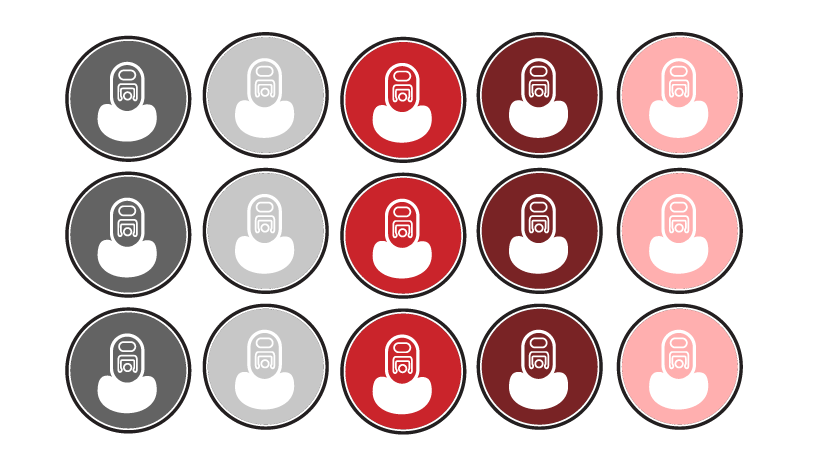 3x5 grid of circular icons, each showing a trash can in gray, red, or pink. Functional Beverage Co Packer.