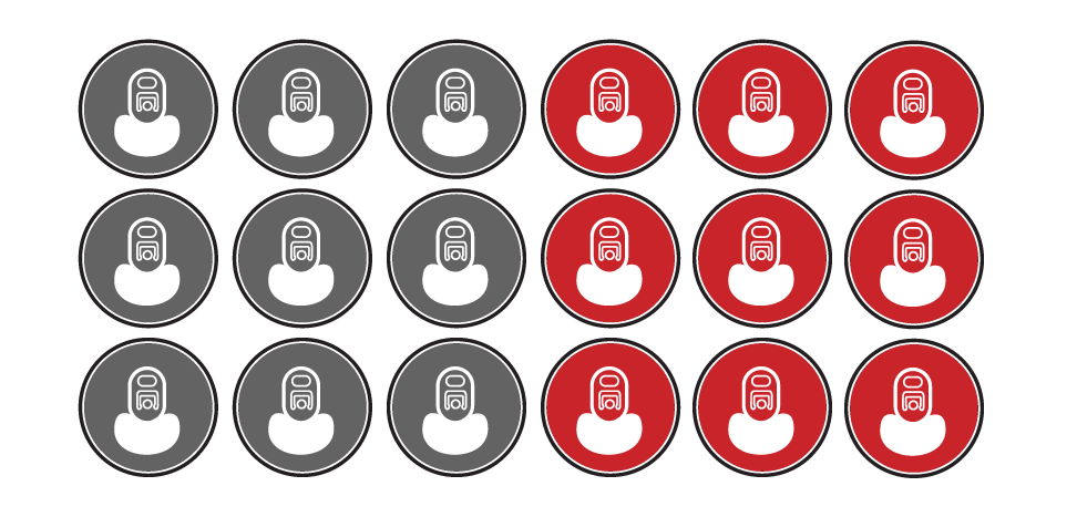 Six gray and six red circular icons arranged in a grid, each showing a person wearing a mask. THC Beverage Co Packer.