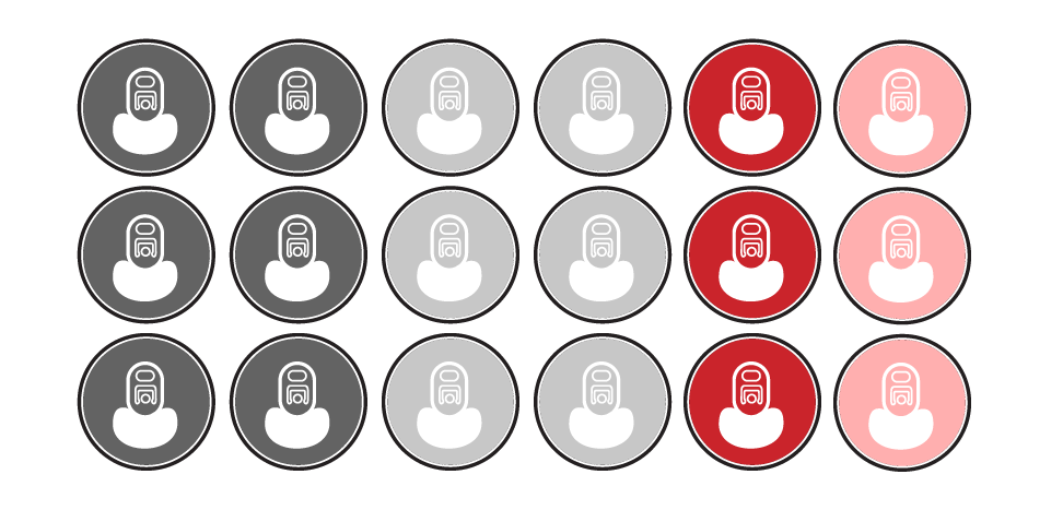 Grid of circular user icons in gray, white, red, and pink on a light background. Olympian Co Packing Beverage Mixed Pack.