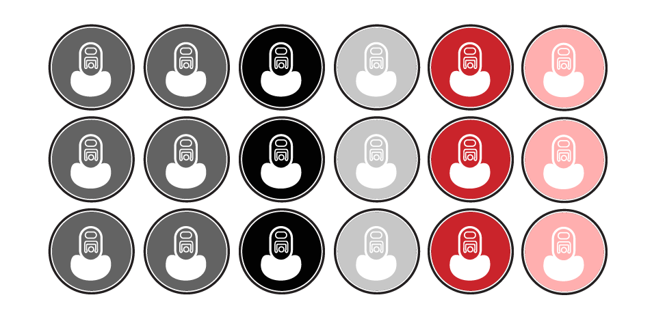 Grid of 18 circular icons with profile symbols in gray, black, white, red, and pink backgrounds. Secondary Repacking.