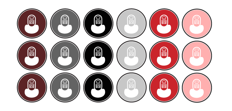 Six rows of circular avatar icons in burgundy, gray, black, white, red, and pink on a white background. 24 pack beverage co packer.