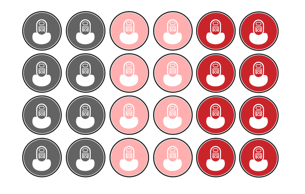 Grid of 24 circular avatar icons in gray, pink, and red, arranged in four rows. Sams Club or Costco Co Packer.