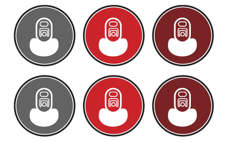 Six circular icons in gray, red, and dark red, each showing a white face mask symbol. Olympian Co Packing Beverage Variety Pack 6 pack production capabilities.