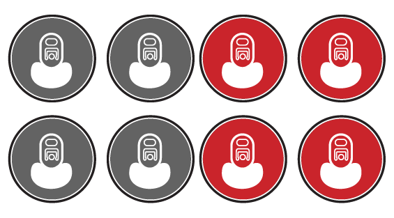 Eight circular buttons in two rows: four gray on the left and four red on the right, each with a white icon. Olympian Co Packing beverage variety pack 8 pack configuration.