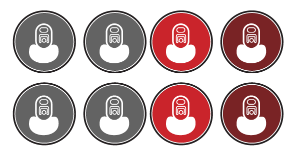 Eight circular icons in two rows, mostly gray with two red highlighted buttons. Olympian Co Packing eight pack variety pack production option.