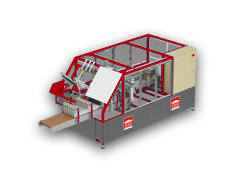 Industrial machine with red frame, beige housing, and a conveyor belt on a white background
